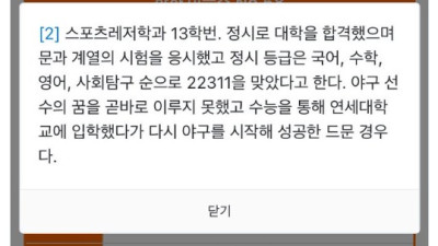 정시로 연세대 입학했었던 현역 야구선수